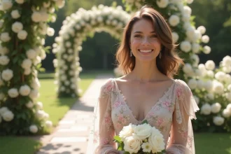 Femme en robe courte florale à col en V pour un mariage en journée dans un jardin fleuri
