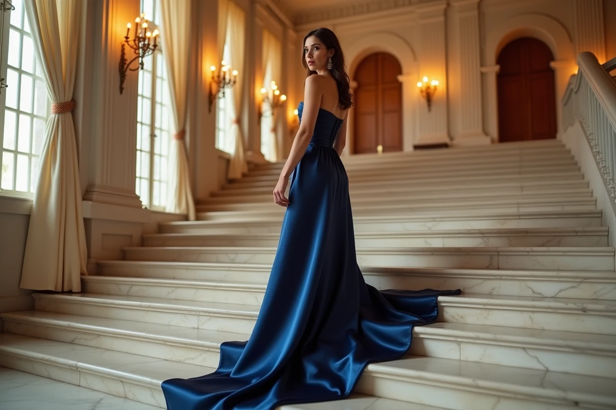 Femme en longue robe de soirée satin bleu marine à encolure cœur pour un mariage en soirée dans un château