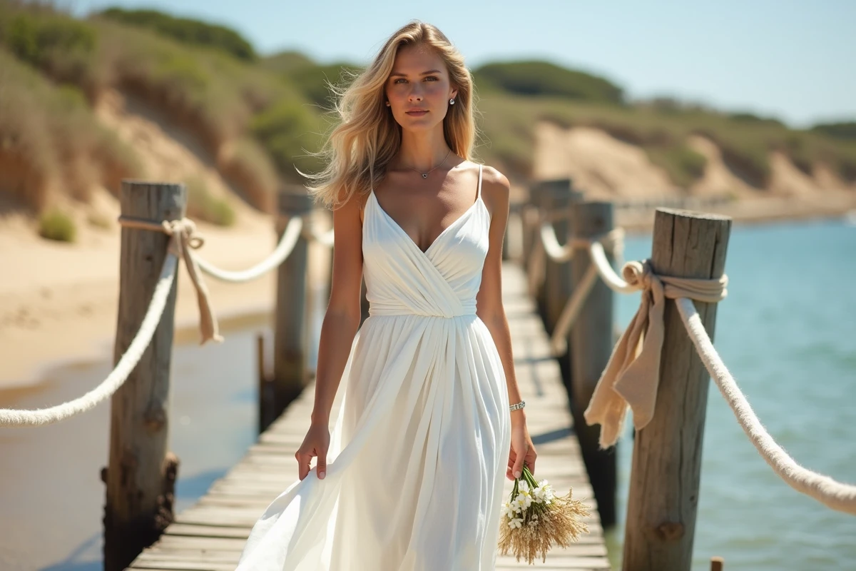 Mariée en robe de mariée blanche en lin style bohème sur un ponton en bois au bord de la mer