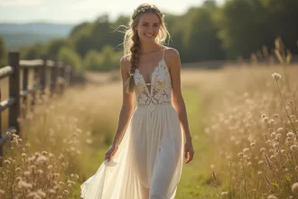 Mariée en robe bohème chic avec dentelle et chiffon dans une prairie fleurie, coiffure tressée avec fleurs séchées