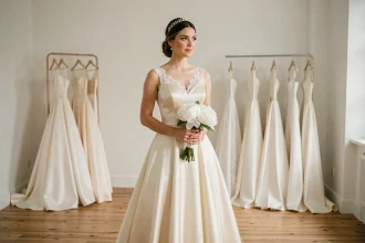 Mariée en robe de satin ivoire avec tiare en perles et bouquet de pivoines dans une boutique de robes de mariée
