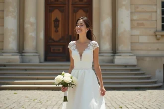 Mariée en robe courte en dentelle blanche devant les marches d'une mairie française lors d'un mariage civil en 2026