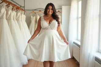 Femme ronde essayant une robe de mariée courte en dentelle dans une boutique de mariage