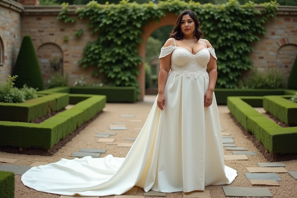 Mariée ronde en longue robe de mariée trapèze à traîne dans un jardin de château