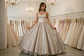 Mariée en robe de mariée princesse bouffante à paillettes dans une boutique de mariage parisienne chic