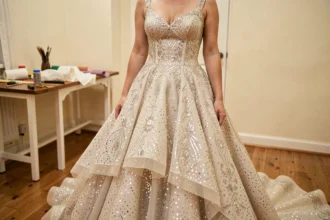 Robe de mariée princesse à paillettes en atelier de retouche avec tombé parfait et détails de broderies