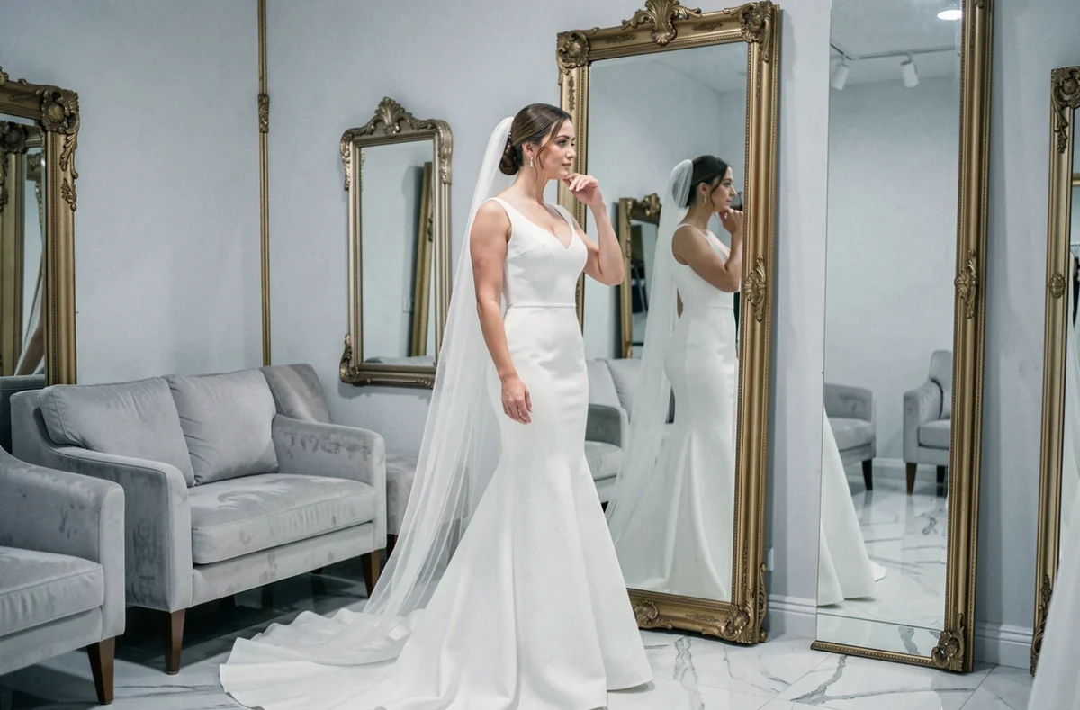 Mariée en robe fourreau crépe avec voile cathédrale se regardant dans un grand miroir doré dans un showroom de luxe