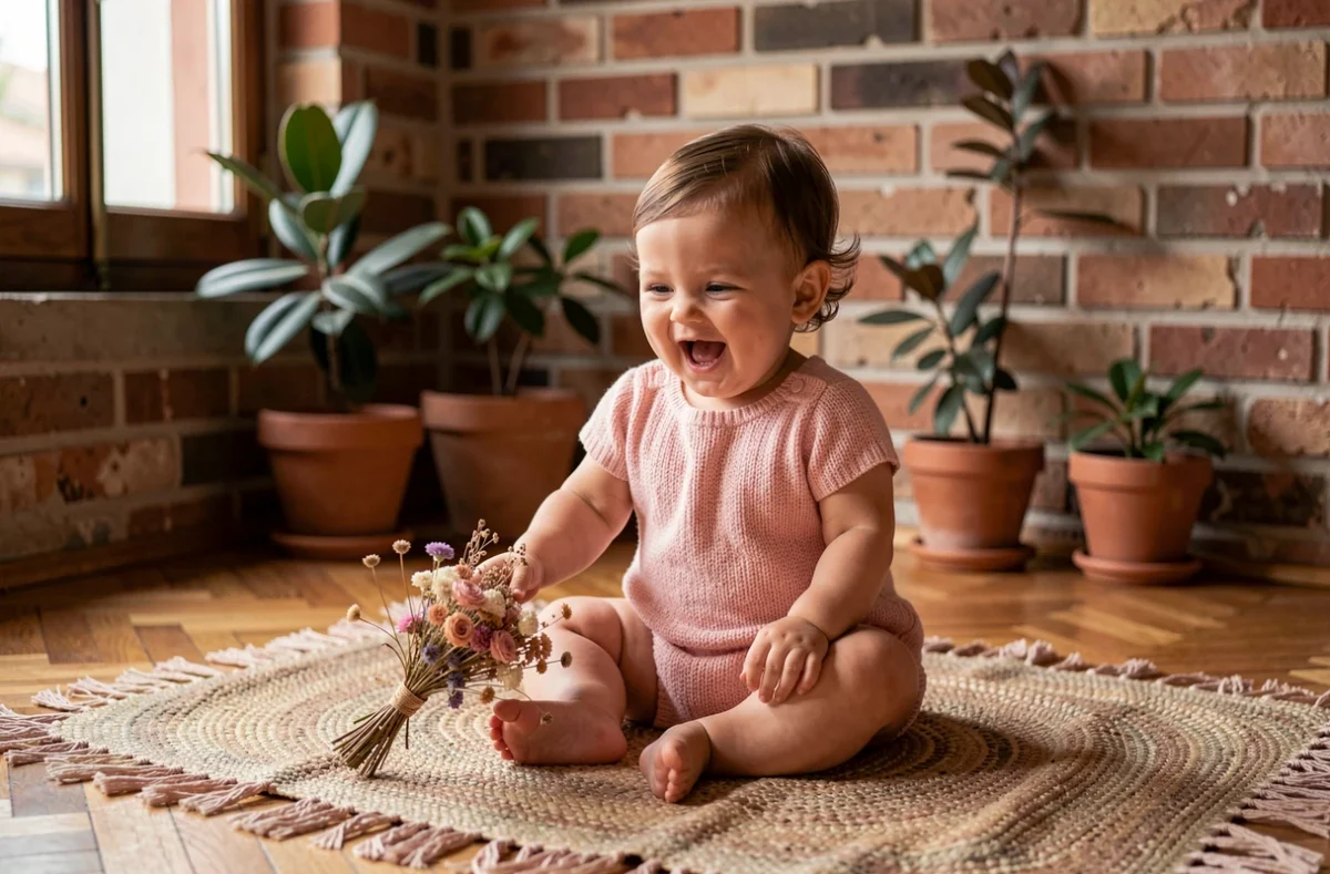 Bébé fille de 6 mois souriante lors d'une séance photo à domicile à Toulouse