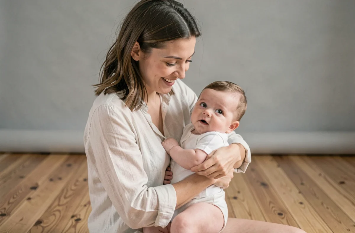 Mère tenant son bébé de 3 mois lors d'une séance photo tendre à Toulouse