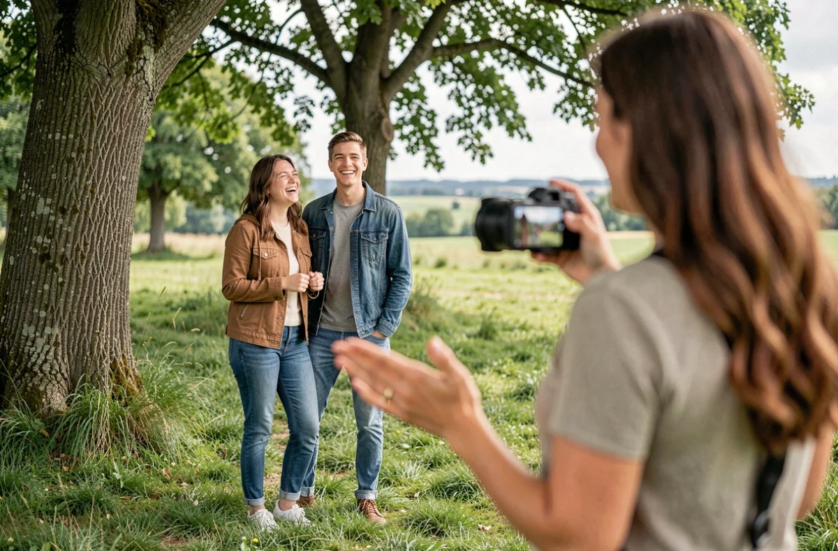 Séance photo de couple en extérieur dans un parc du Douaisis avec une photographe professionnelle au premier plan
