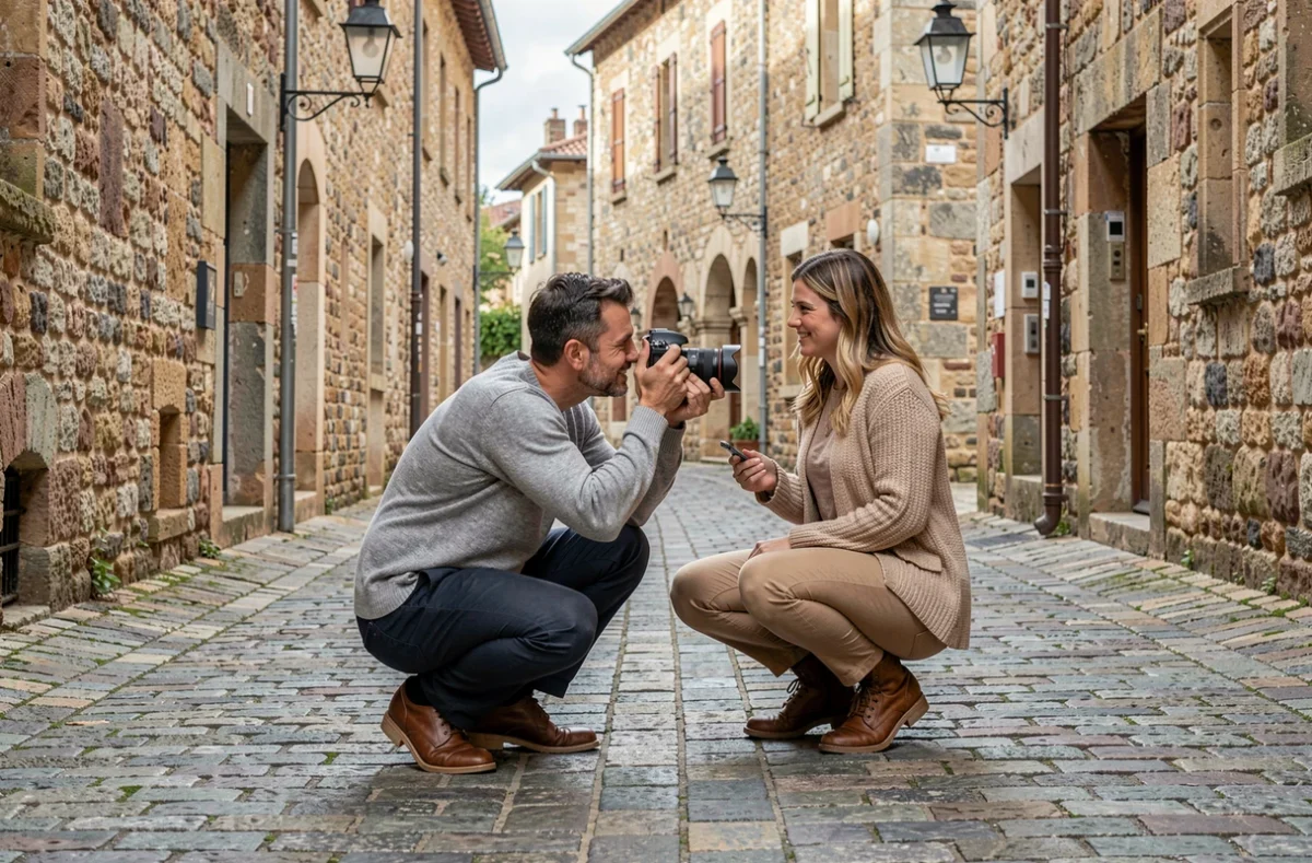 Photographe en action lors d'une séance photo de couple dans les ruelles médiévales du Puy-en-Velay