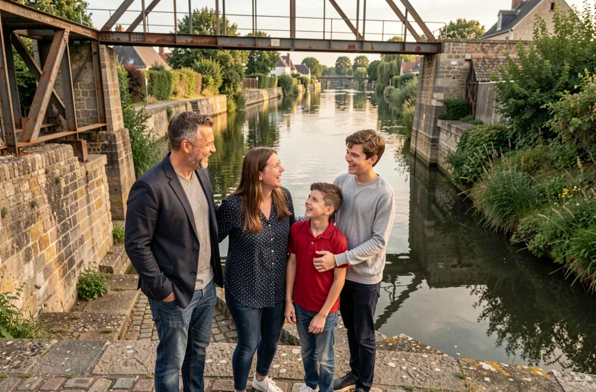 Séance photo de famille au bord d'un canal patrimonial dans le Douaisis, parents et adolescents riant ensemble