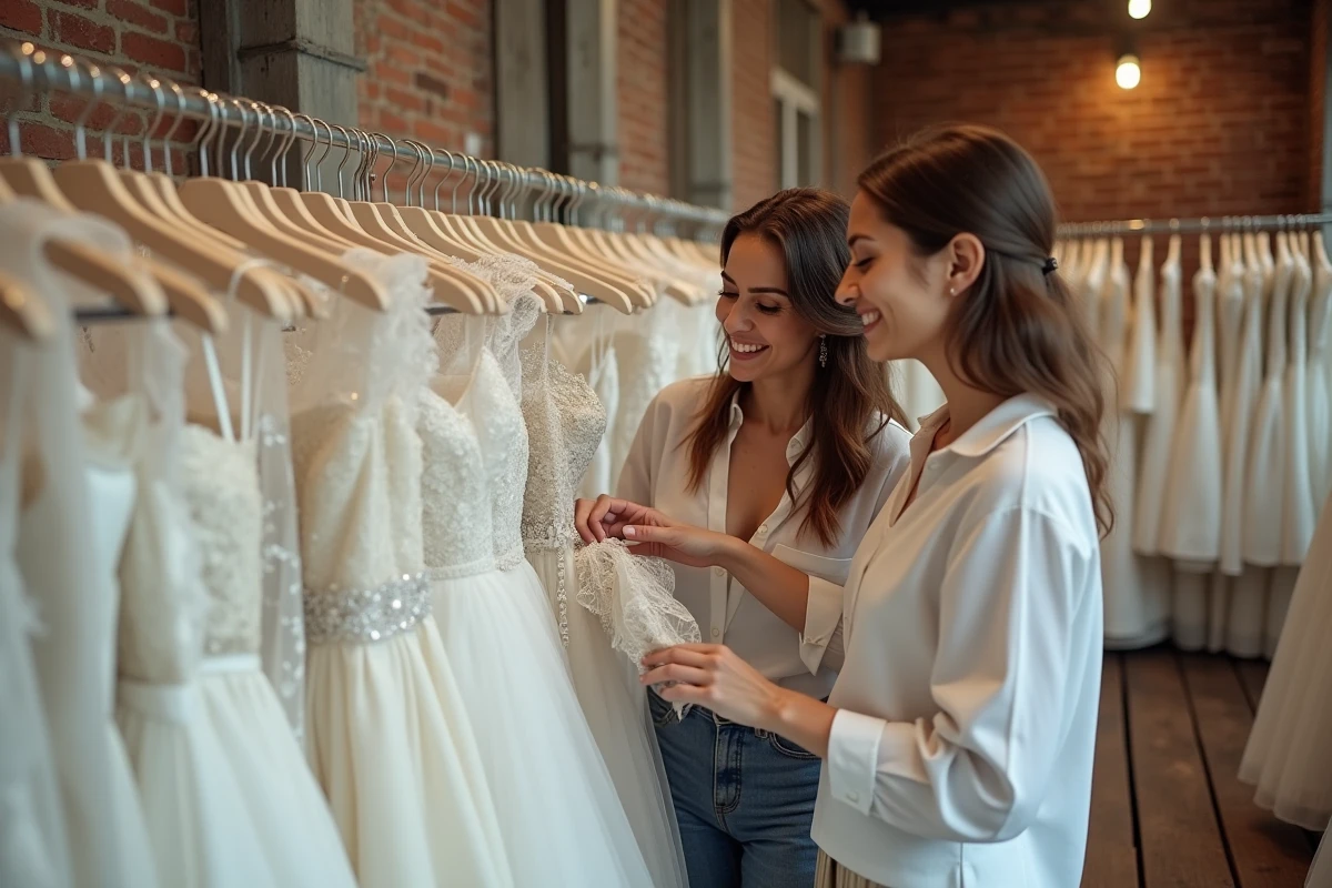 Deux amies cherchant une robe de mariée d'occasion dans une boutique de robes de seconde main