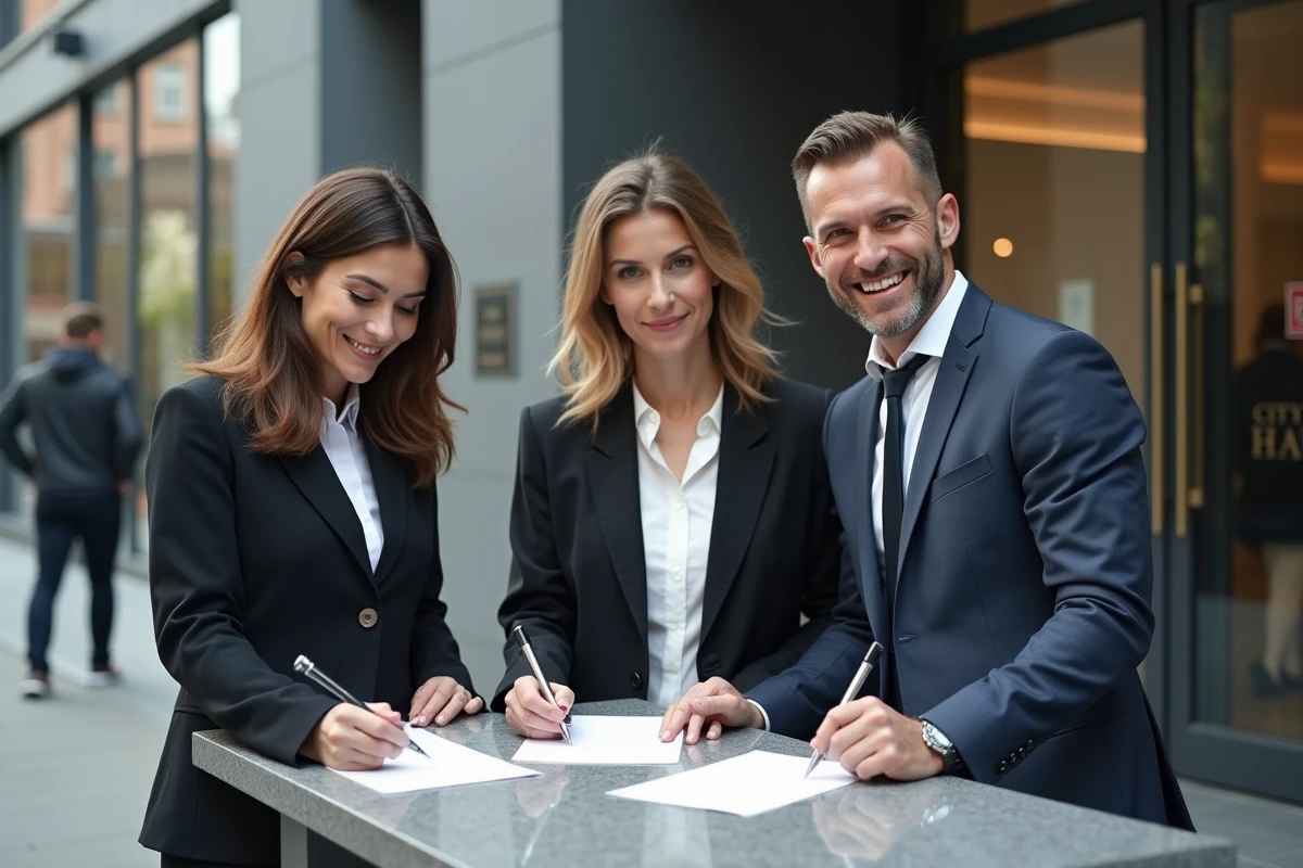 Groupe signant des documents devant une mairie moderne
