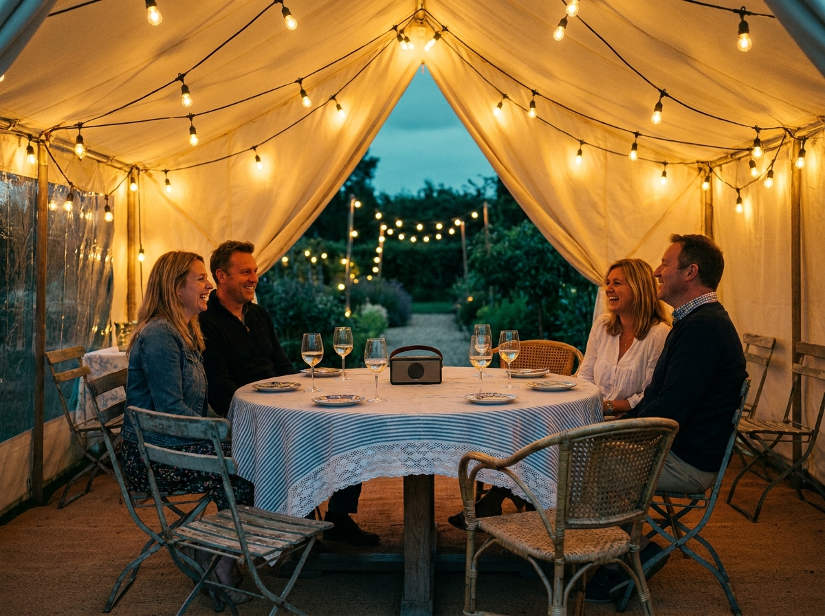 Scène de soirée guinguette intimiste sous une tente décorée de guirlandes lumineuses avec couples autour d'une table vintage