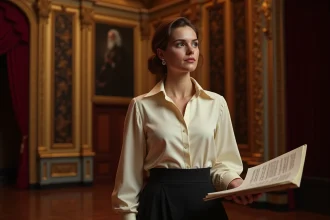 Soprano lyrique en coulisses d'un opéra, tenant une partition musicale, portrait intimiste d'une carrière artistique