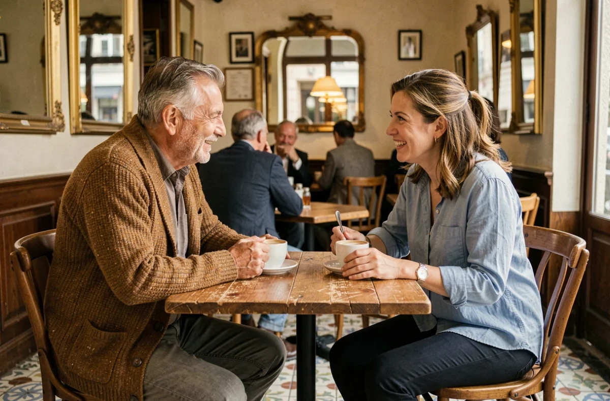 Deux adultes discutant dans un café parisien, symbolisant les relations personnelles et la curiosité du public autour de la vie sentimentale des personnalités