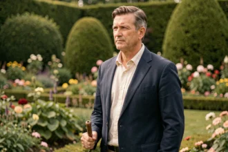 Portrait d'un homme élégant dans un jardin fleuri, illustrant la vie privée et la personnalité publique d'une célébrité comme Stéphane Marie