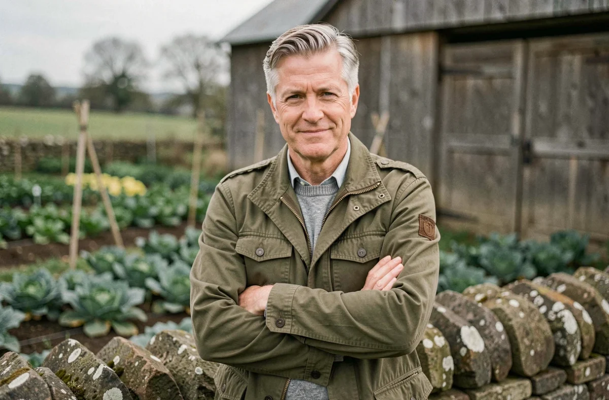 Homme aux cheveux argentés devant un jardin potager à la campagne, évoquant la frontière entre vie publique et vie privée d'une personnalité médiatique