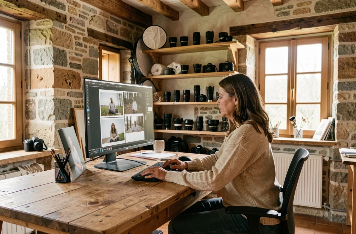Photographe retouchant ses photos dans un studio auvergnat avec équipement professionnel au Puy-en-Velay