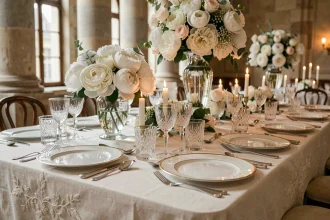 Table de réception de mariage chic avec vaisselle en porcelaine dorée, verres en cristal et fleurs blanches dans une salle de réception élégante