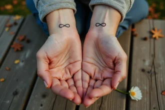 Deux mains entrelacées avec un tatouage alliance infini assorti sur chaque poignet, symbolisant un lien permanent entre deux partenaires