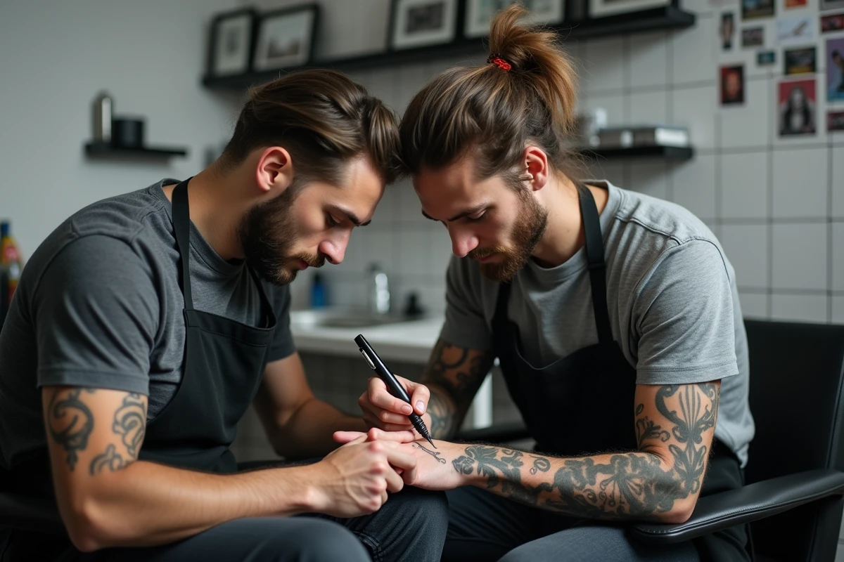 Tatoueur professionnel réalisant un tatouage alliance infini en fin de ligne sur le poignet d'un client dans un studio moderne