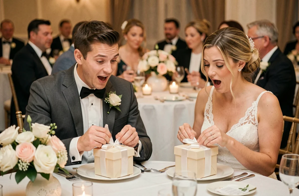 Témoin de mariage homme et femme découvrant leur cadeau personnalisé lors de la réception de mariage