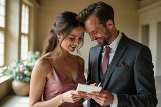 Deux témoins de mariage complices consultant leurs notes pour organiser la surprise des mariés dans un château