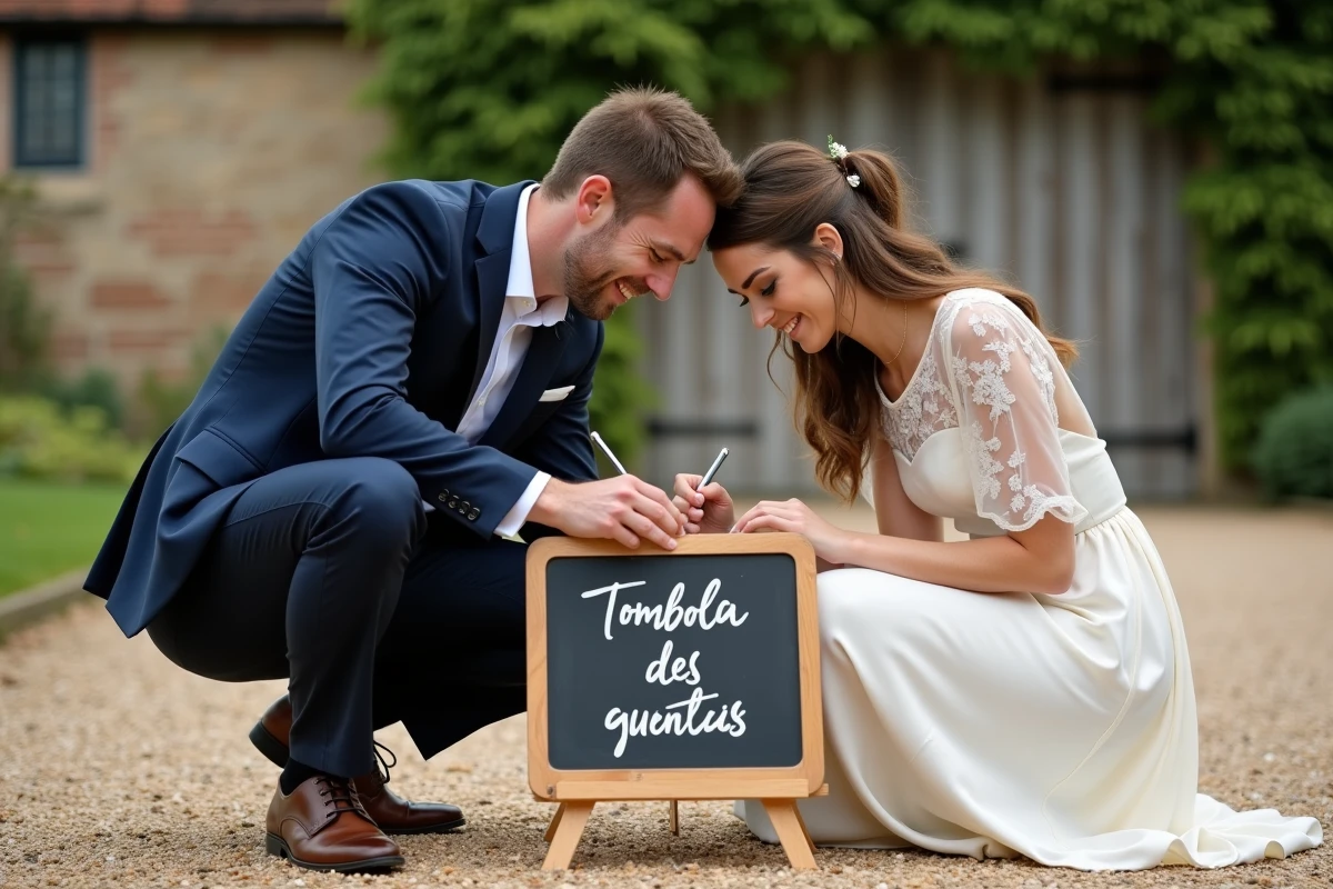 Couple de mariés préparant une tombola économique sur un tableau ardoise devant une grange rustique