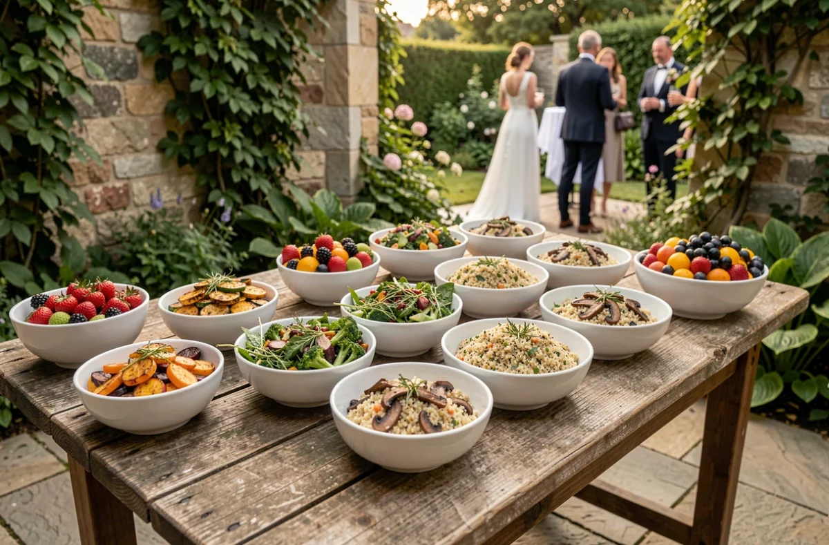 Présentation de traiteur végétarien pour mariage avec des plats colorés à base de légumes et céréales en plein air