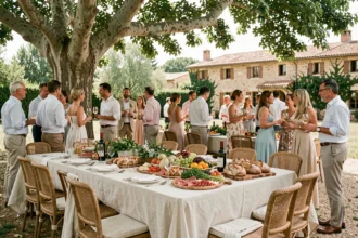 Réception de mariage en plein air en Occitanie avec tables dressées sous les platanes et buffet de spécialités régionales