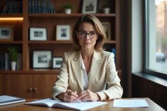 Véronique Jacquier, journaliste et personnalité médiatique, dans son bureau éditorial élégant