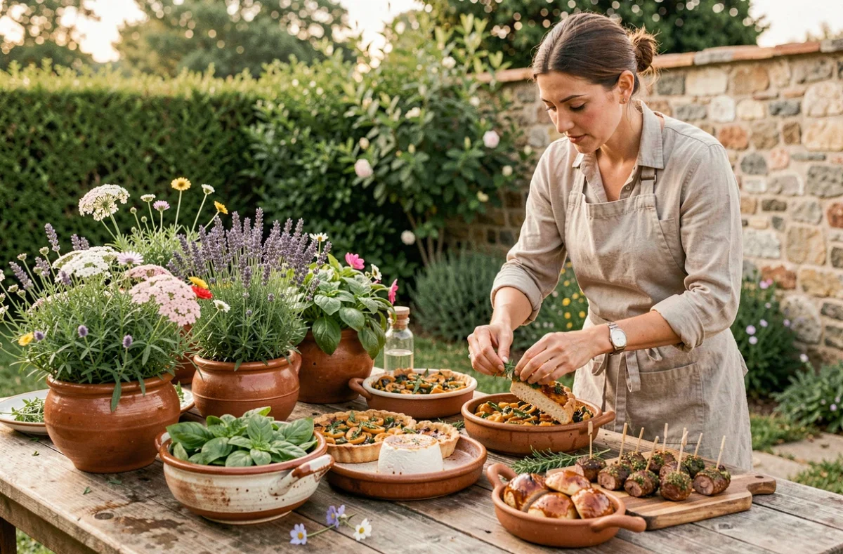 Table de buffet de mariage garnie d'herbes fraîches et de fleurs comestibles, signature de Verveine et Basilic, dans un jardin provençal