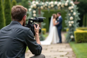 Vidéaste professionnel filmant des mariés lors d'une cérémonie en plein air dans un jardin de château français