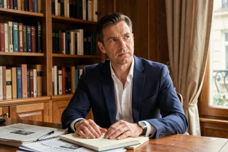 Homme en costume marine assis à un bureau de travail dans un bureau privé parisien, expression réfléchie, style éditorial journalistique