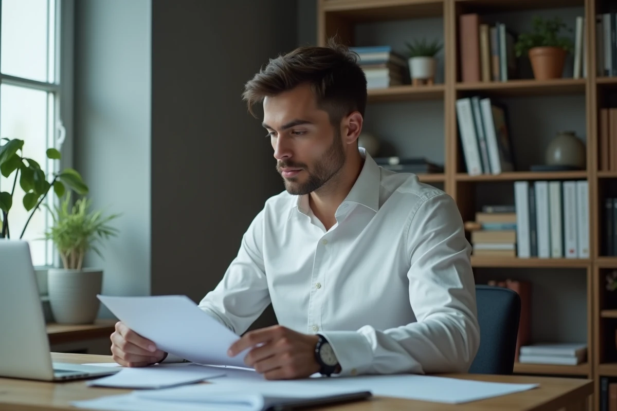 Homme concentré consultant des documents dans un bureau moderne épuré, image éditoriale illustrant la chronologie des rumeurs de mariage de Yoann Usai en 2026