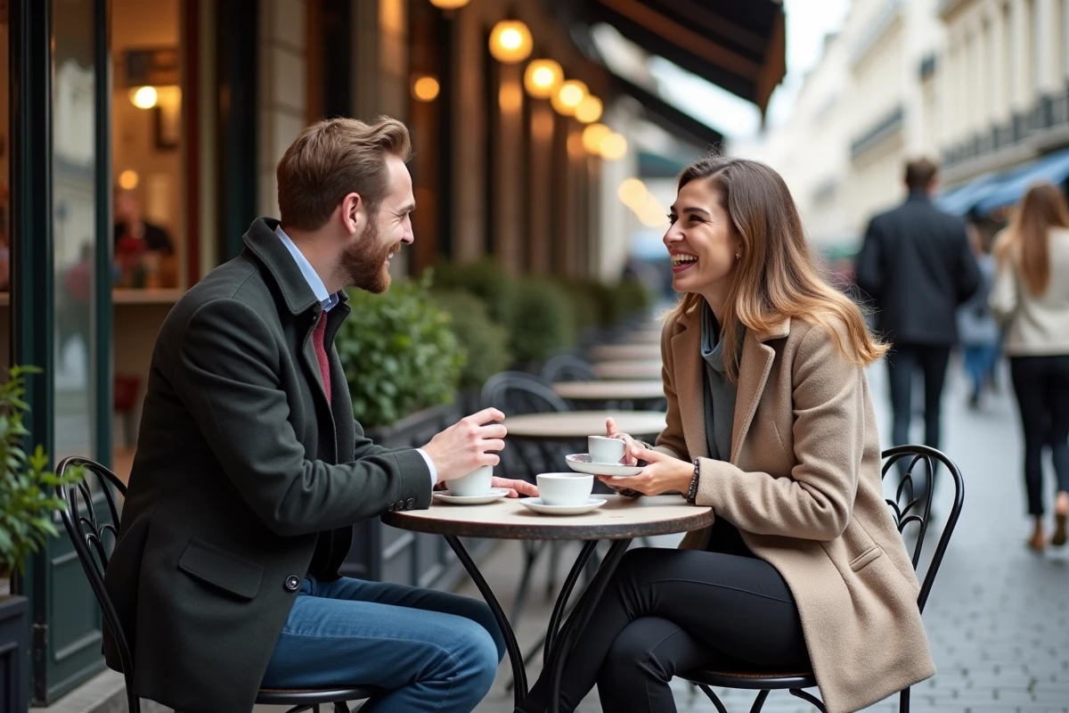 Couple souriant attablé en terrasse de café parisien, évoquant les rumeurs de mariage et la vie sentimentale de Yoann Usai en 2026