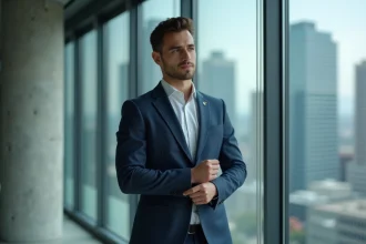 Jeune homme élégant en costume bleu marine dans un cadre urbain moderne, illustrant un article sur Yoann Usai et les rumeurs de mariage en 2026